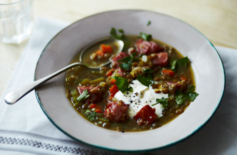 Making this soup is a great way of using up gammon steaks, as well as being a gorgeous warming soup for winter days. The lentils add extra depth and are a lovely foil to the gammon. Elevate it with a small dollop of crème fraîche.