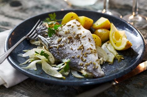 Sea bass is a real treat and it cooks in less than 15 minutes. Here fillets are baked on a bed of sliced fennel with a splash of white wine and lemon juice. A speedy yet classy weeknight meal, serve with the vegetables of your choosing.