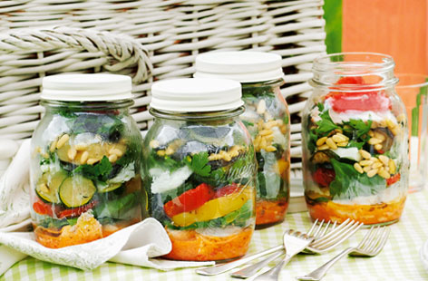 Jazz up your picnic or work packed lunches with these colourful summer salad jars: gorgeous layers of grilled chicken, peppers, courgette and aubergine in a garlic dressing. Shake the jars to distribute the vinaigrette just before eating.