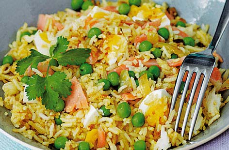 You'll only need 150g of leftover cooked fish to make this comforting kedgeree for breakfast, lunch or dinner.  The dish originated in India and is made with fried rice, flakes of cooked fish and chunks of hardboiled egg.