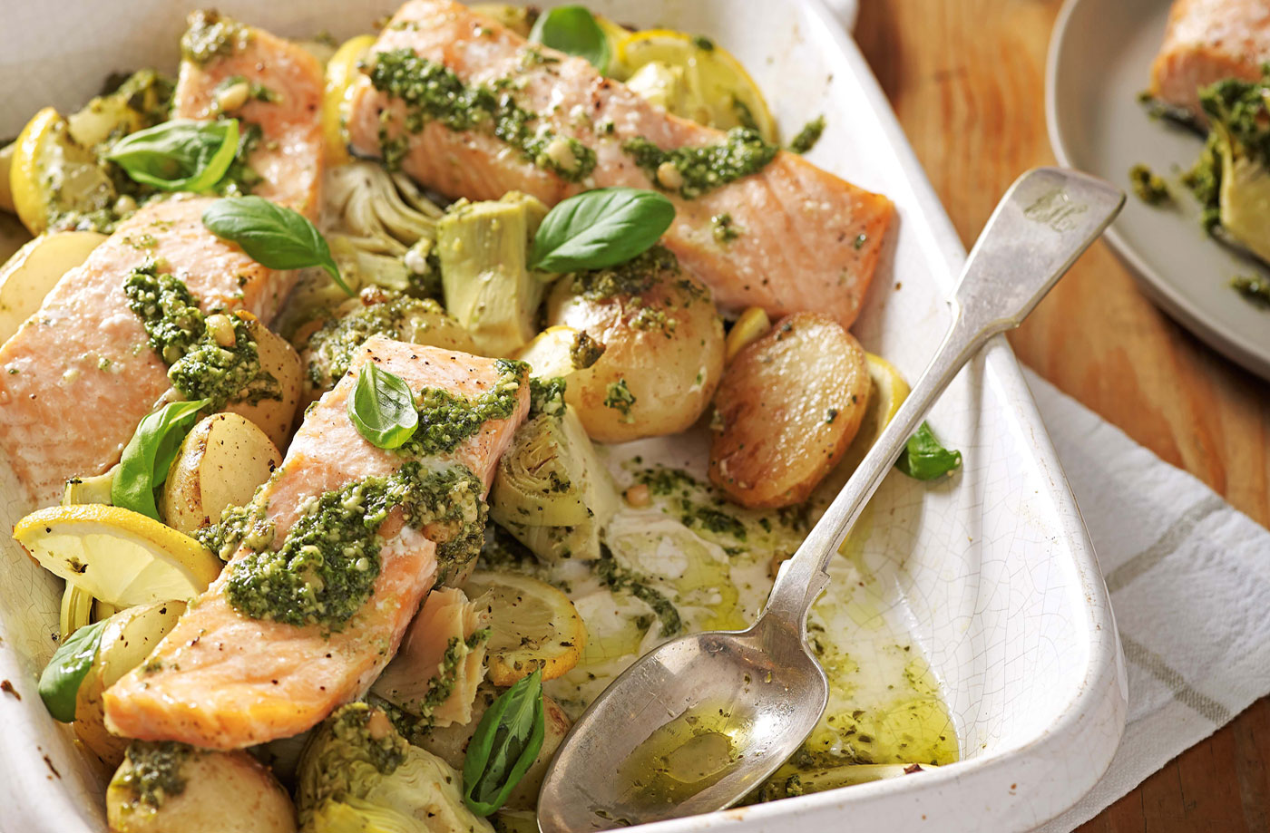 Salmon, artichoke and potato pesto traybake recipe