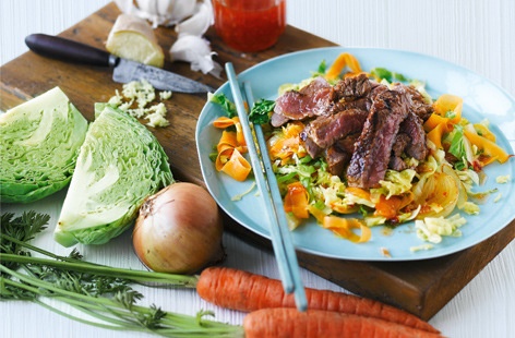 Sometimes only steak will do. For this Chinese-inspired dish, tender steaks are brushed with a sticky soy marinade before being grilled and served with a sesame-flavoured cabbage and carrot stir-fry.