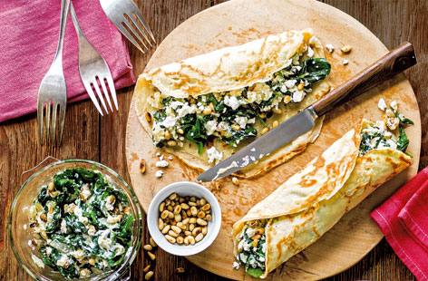 Inspired by the classic Greek dish, this delicious savoury spin on pancakes uses spinach, ricotta and pine nuts