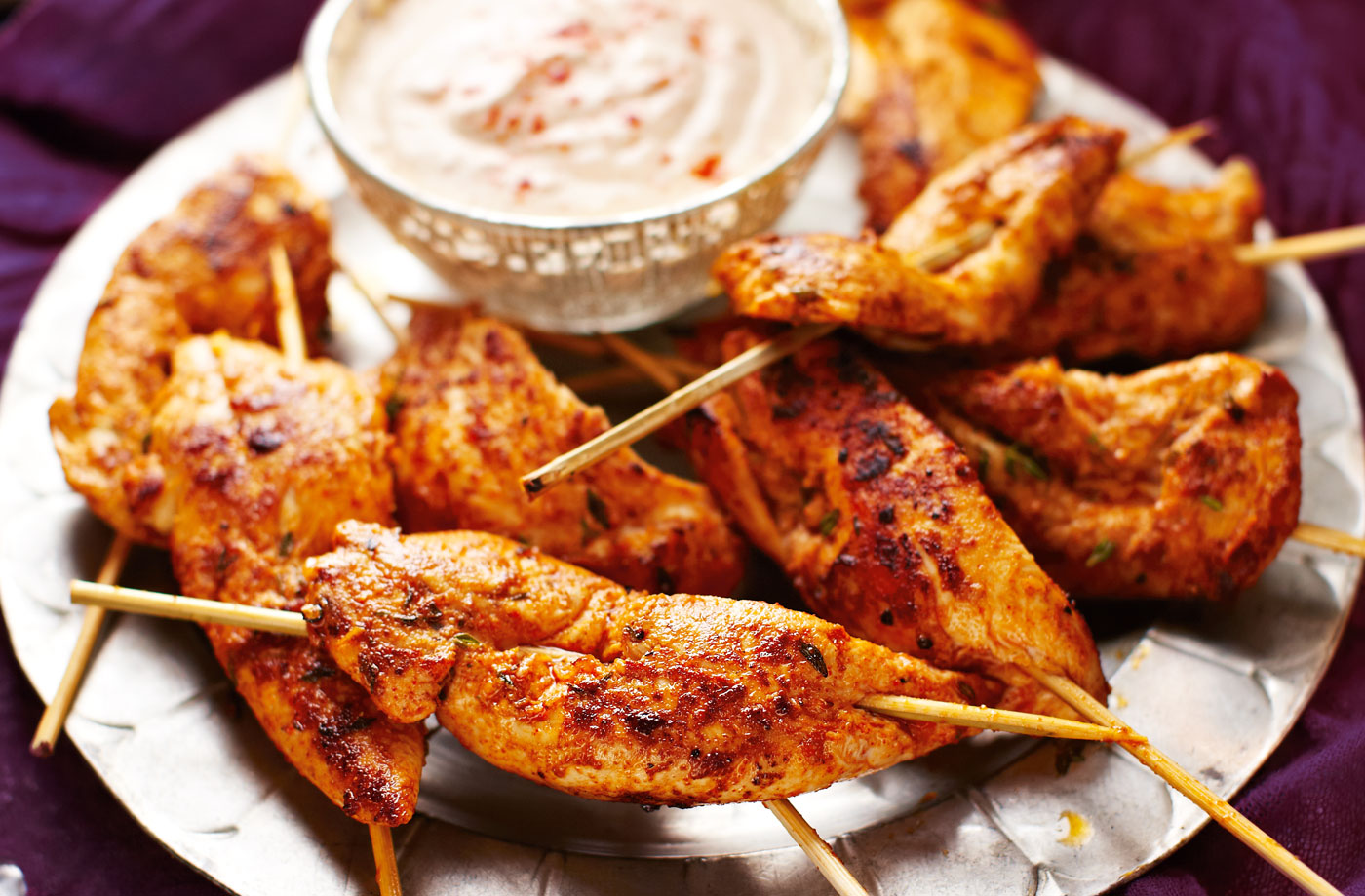 Spanish-style chicken skewers with spicy yogurt dipping sauce recipe