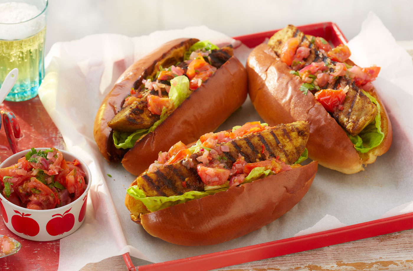 Spiced aubergine hot dogs with hot salsa recipe