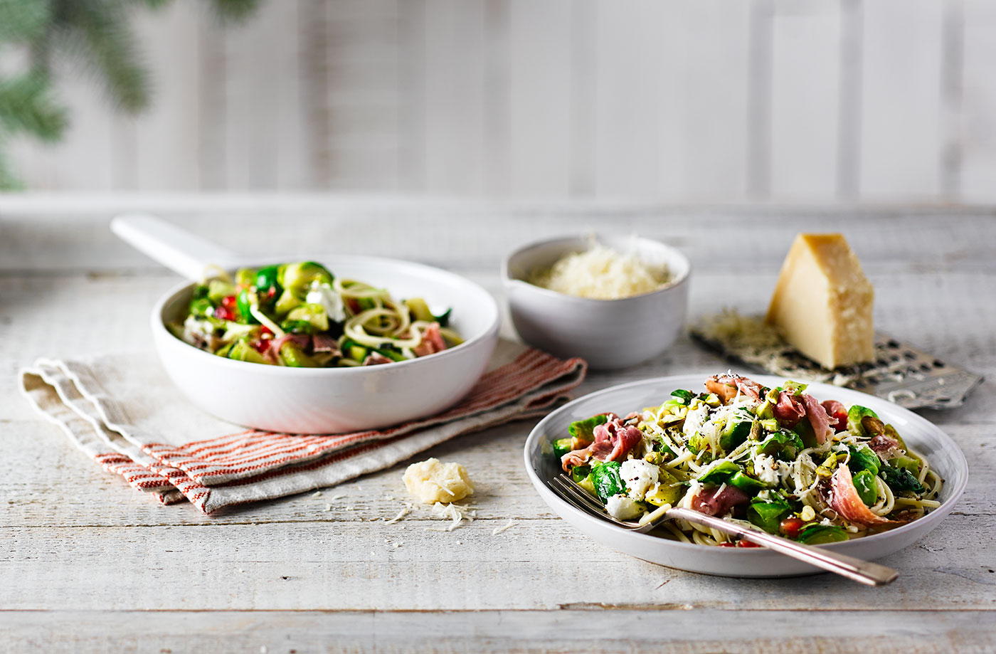 Sprout and prosciutto spaghetti with pistachios recipe