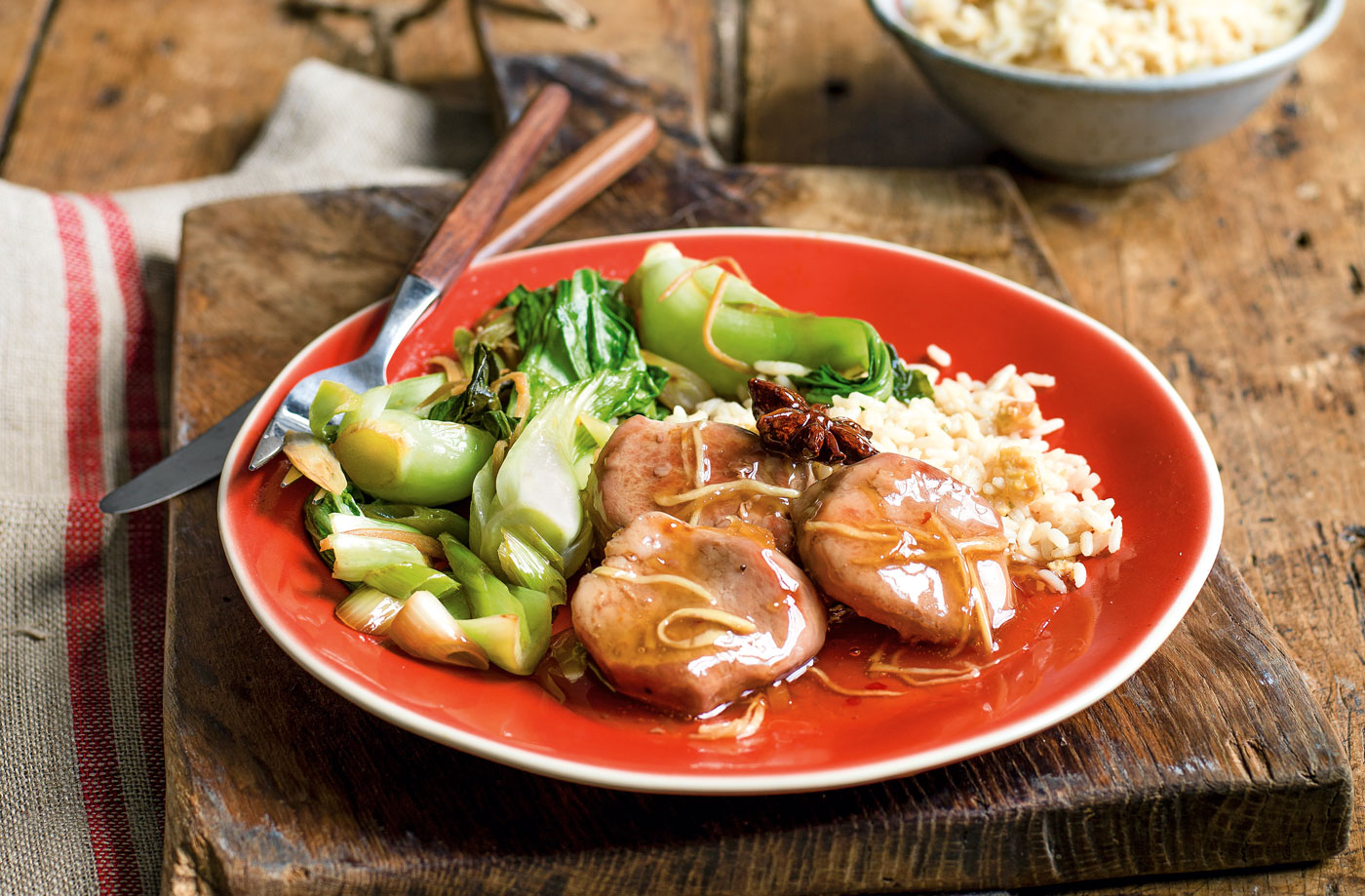 Sticky plum pork with stir-fried veg and rice