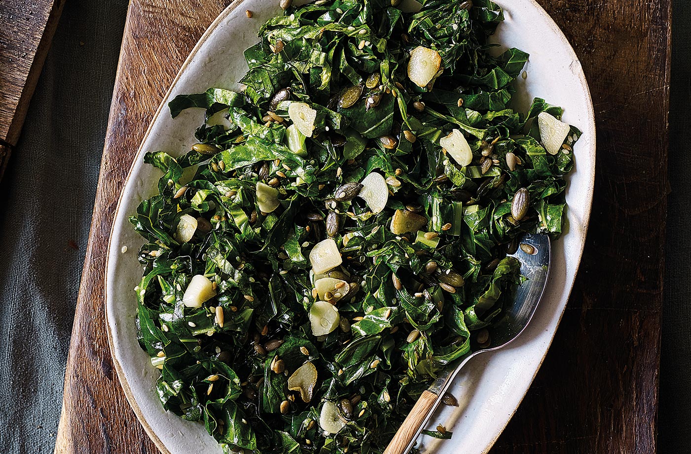 Stir-fried greens with toasted seeds recipe