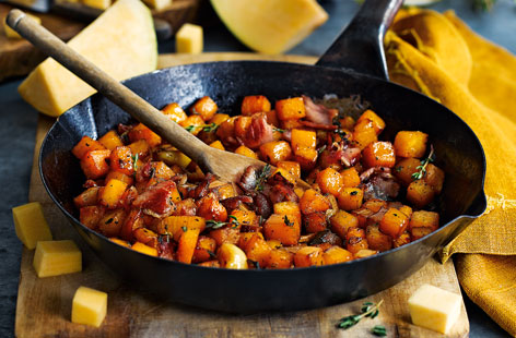 Offset the earthy, sweet flavours of swede with thyme and smoky bacon for a flavoursome side dish or healthy dinner