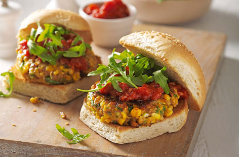Fire up the barbecue and make the meat-eaters jealous with these spicy chickpea and sweetcorn burgers. Served in buns with rocket and a smoky tomato sauce, the patties can also be cooked in a frying pan if British summer rain makes a classic if unscheduled appearance.