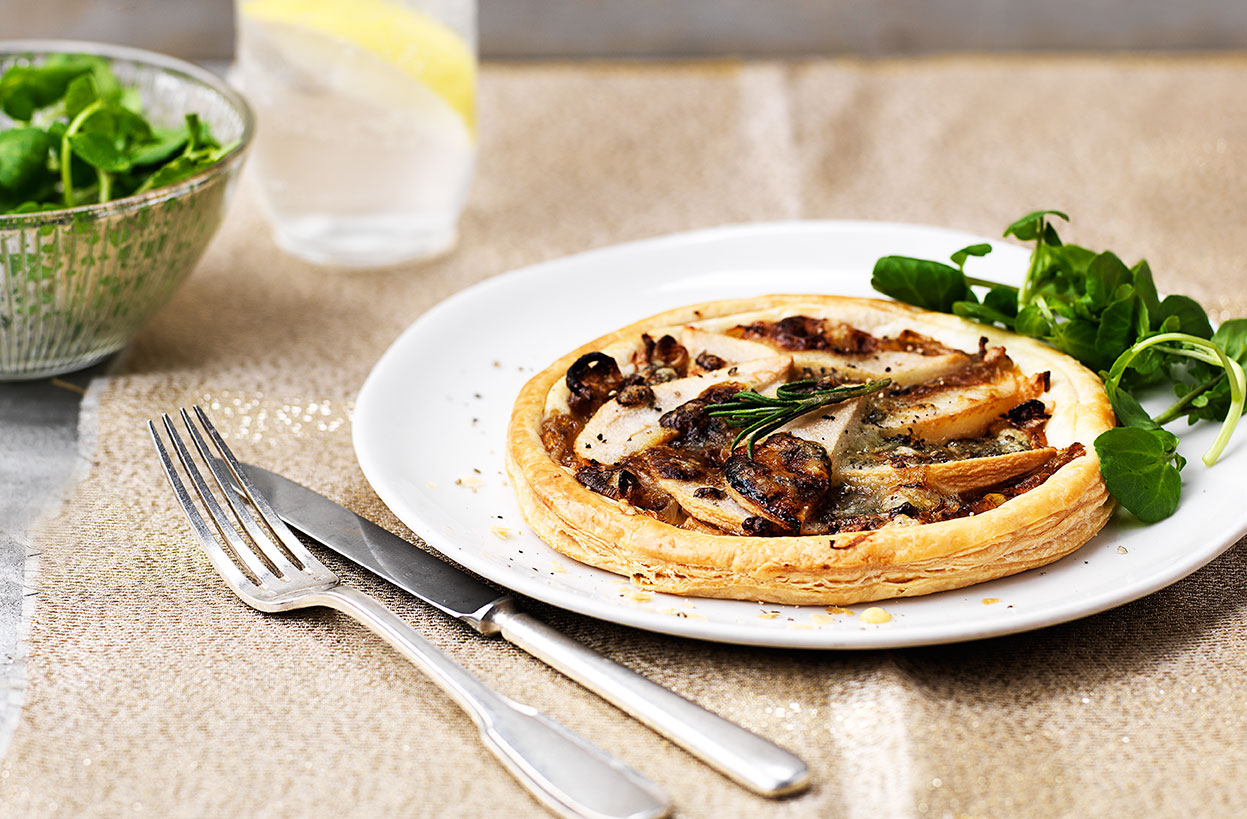 Stilton, pear and caramelised shallot tartlets recipe