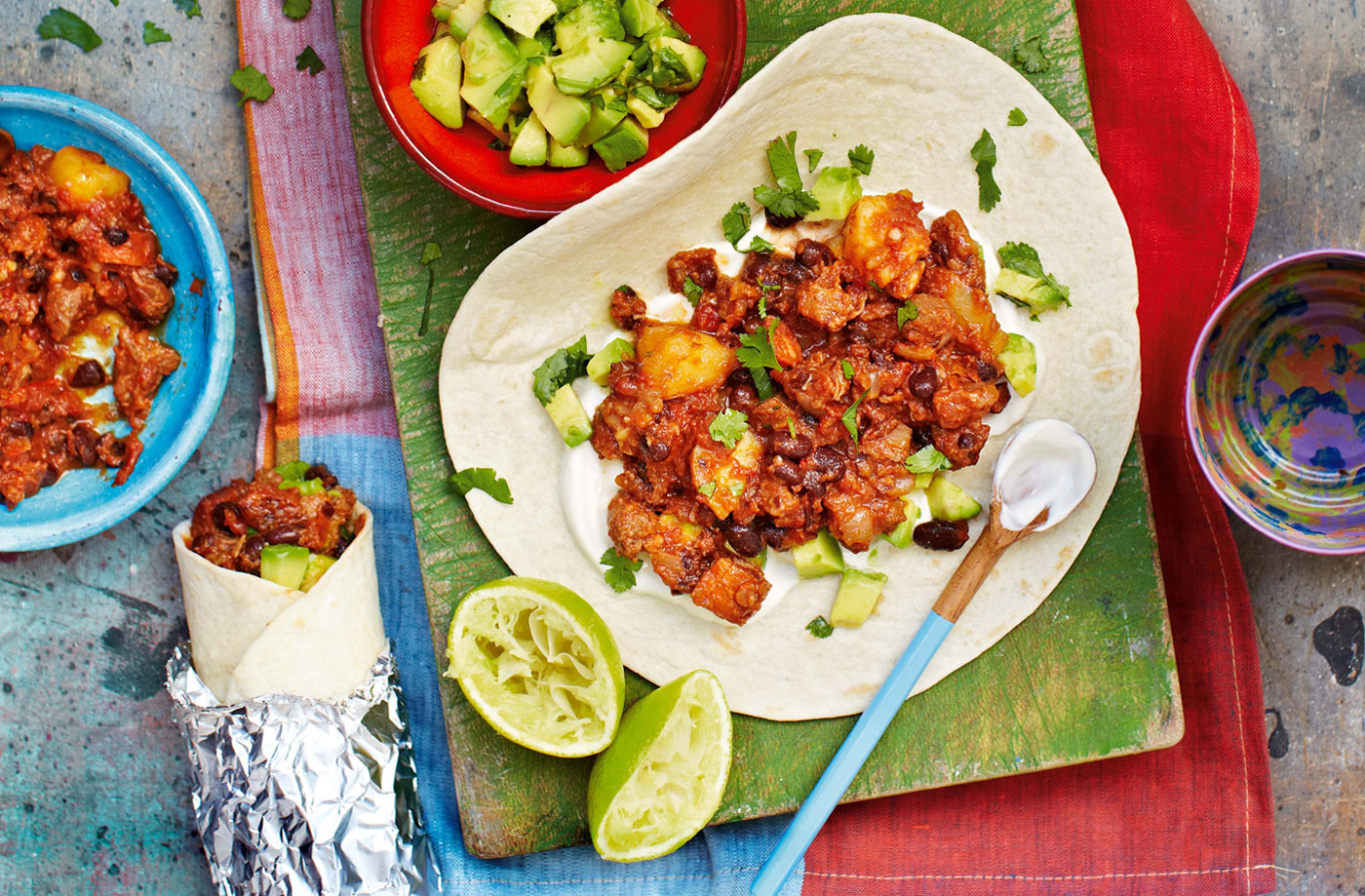 Beef and chorizo burritos with avocado salsa recipe