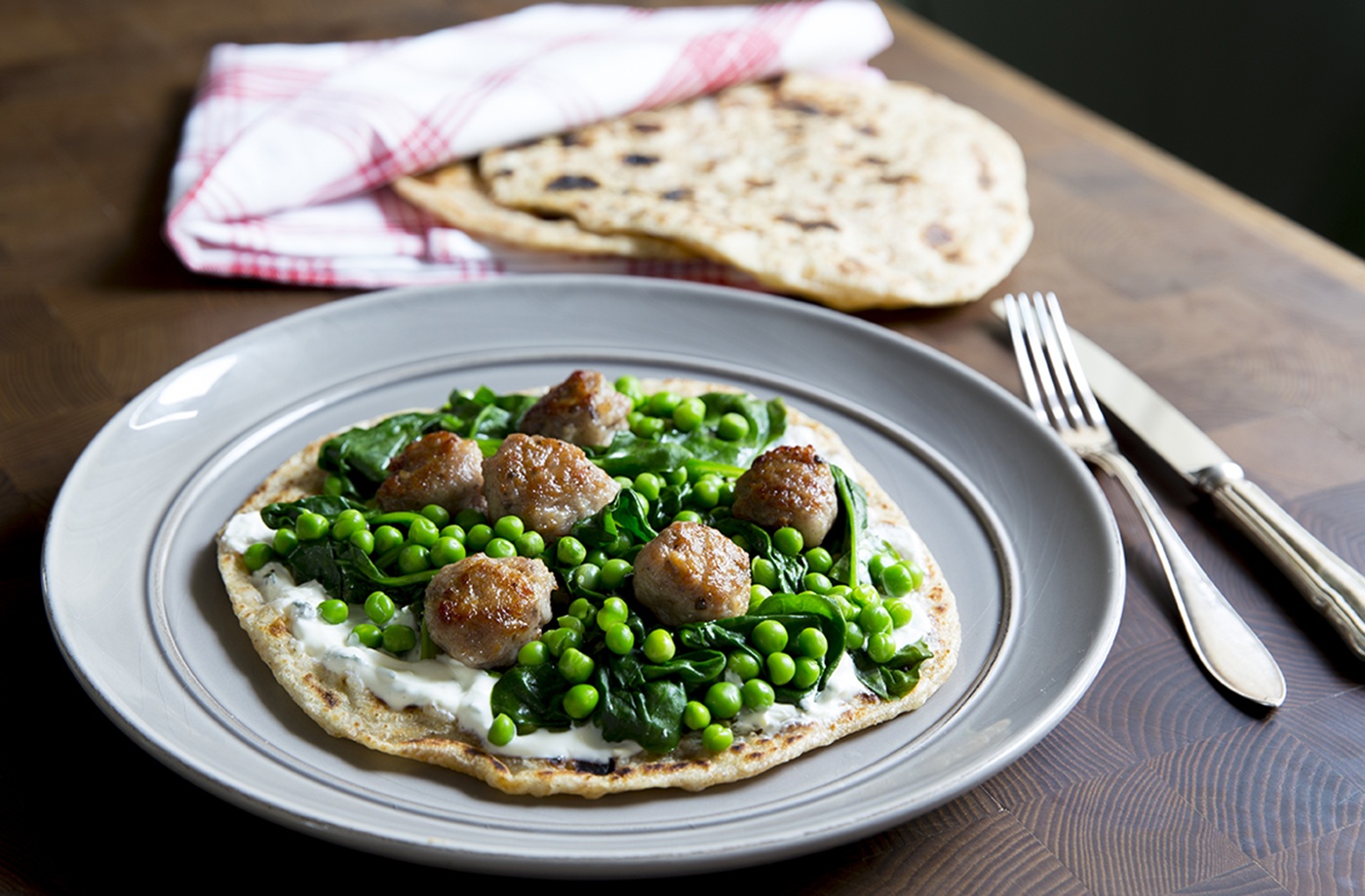 Flatbread with mini pork meatballs recipe