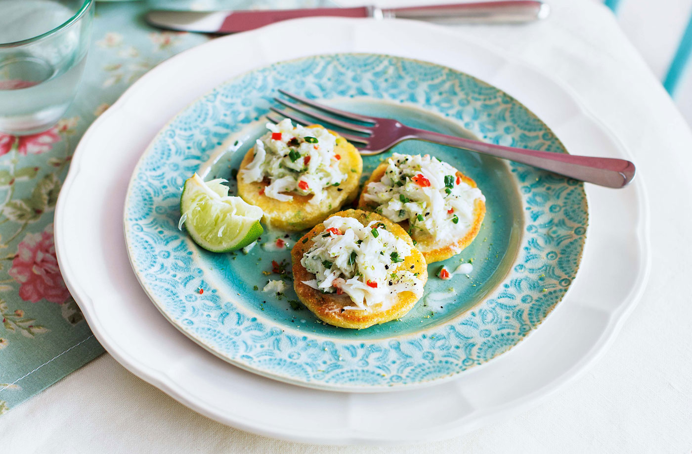 Spring onion blinis with crab and chilli recipe