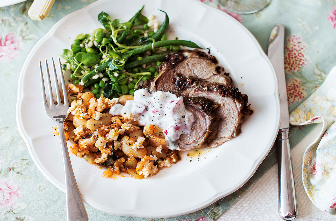 Slow-roasted Greek-style lamb with radish and mint tzatziki recipe
