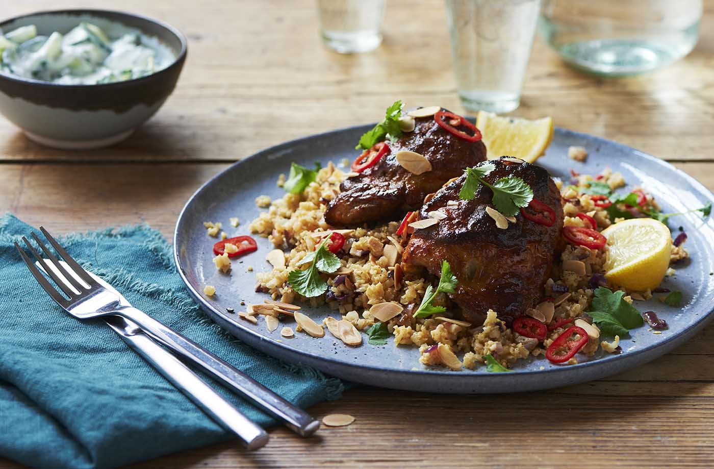 Tandoori chicken thighs with cauliflower pilaf recipe