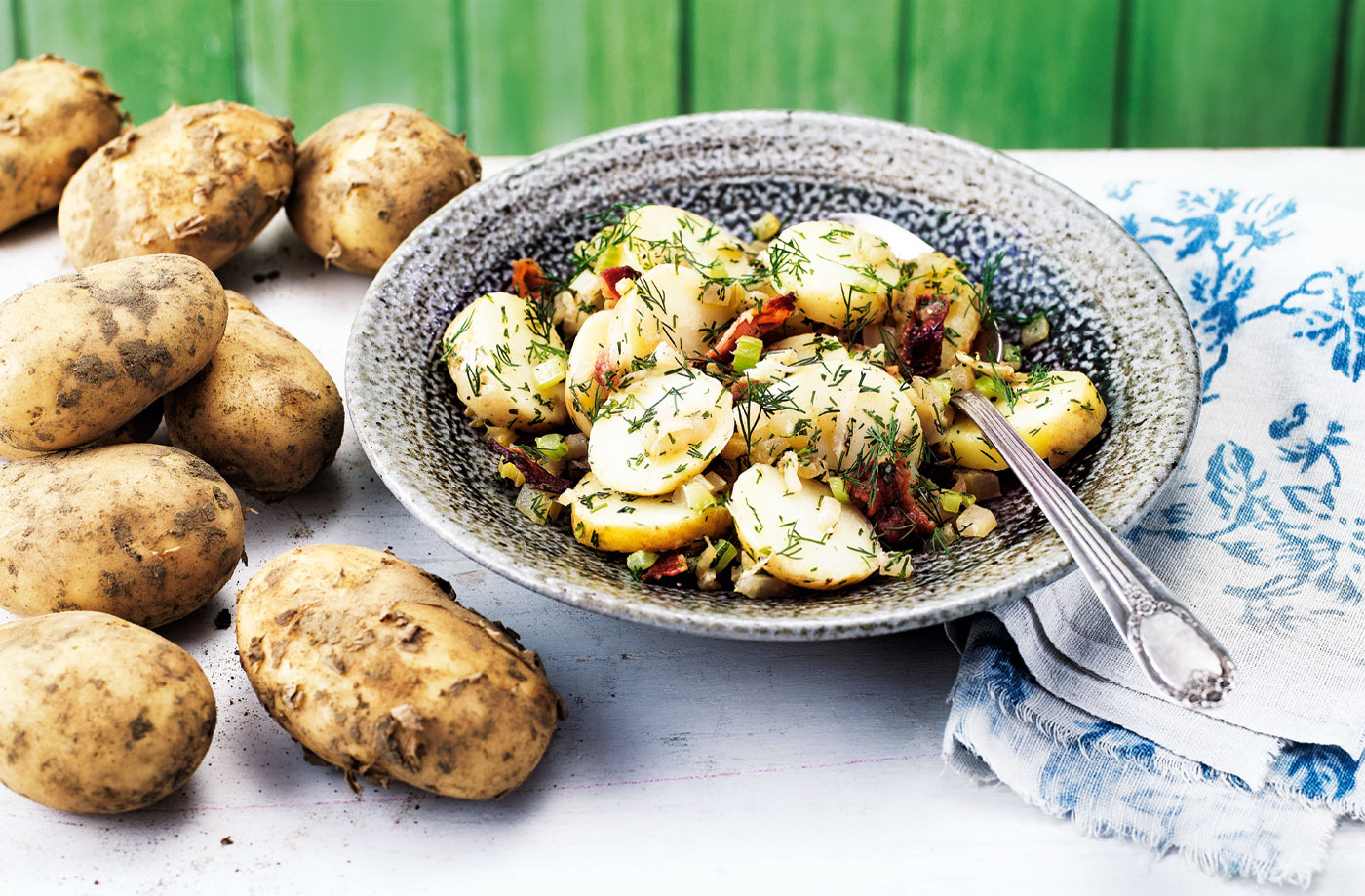 Jersey Royal potato salad with celery, fennel and pancetta recipe