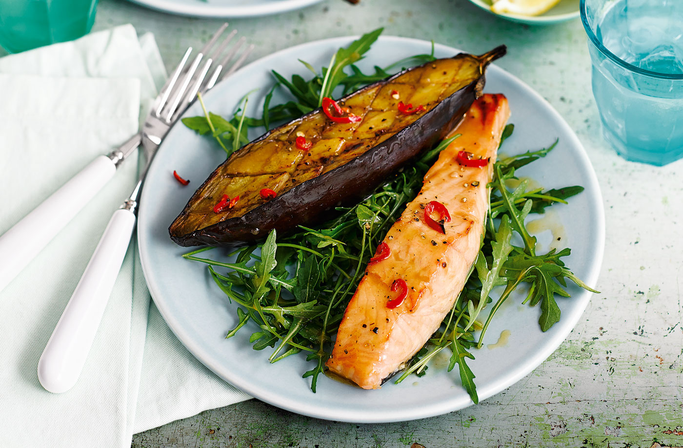 Miso salmon with aubergine and rocket recipe