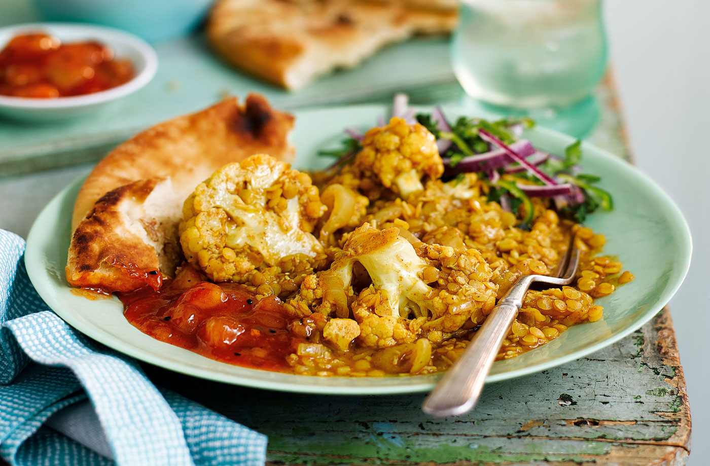 Cauliflower dhansak with red onion and mint salad recipe