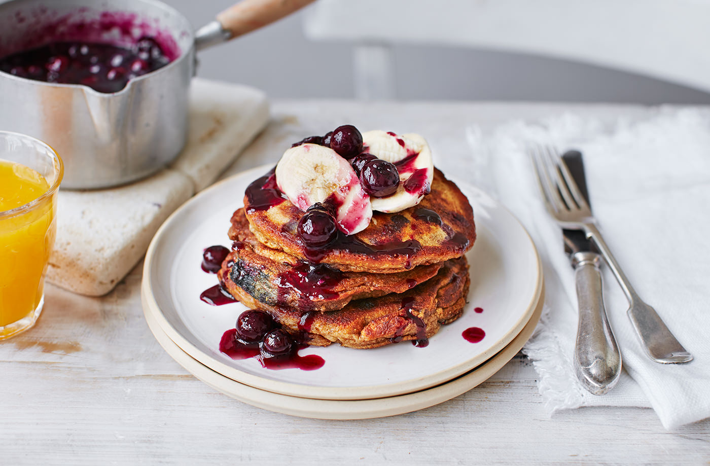 Banana, spelt and blueberry pancakes recipe