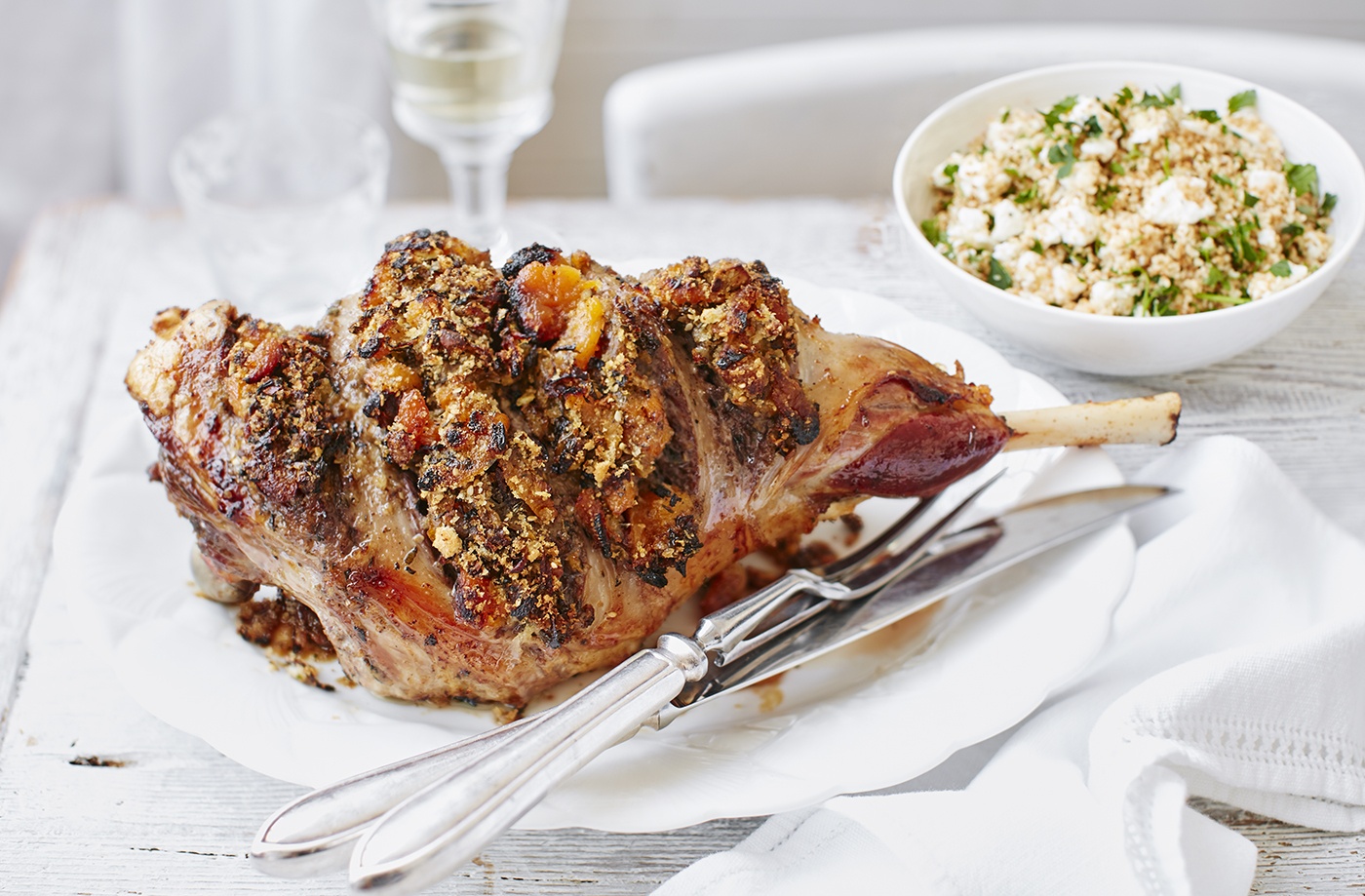 Leg of lamb with apricot stuffing and mint couscous recipe