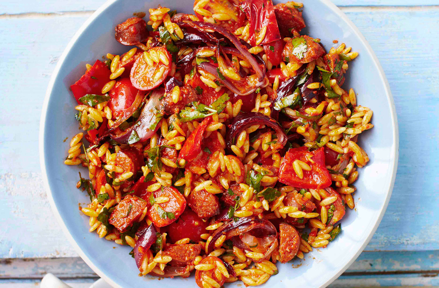 Roasted pepper and chorizo orzo salad recipe