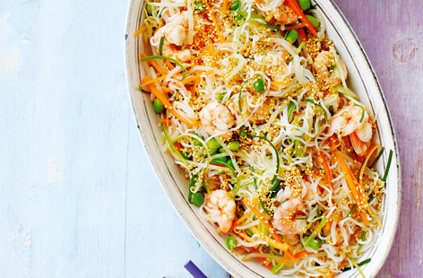 Make your own speedy kimchee to pair with this vibrant prawn and rice noodle salad