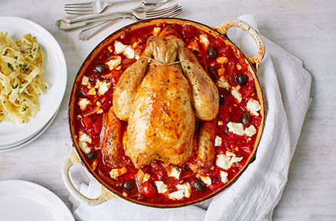 For a hearty family dinner, try this delicious chicken pot roast served with tagliatelle pasta. Made with sweet red pepper, tomatoes, smoked paprika, black olives and feta cheese, it's packed with gorgeous Greek flavours and gives wonderfully tender meat
