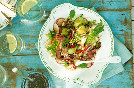 A gorgeous, summery salad packed with the aromatic flavours of Thailand. Crisp carrot, radishes, cucumber and lettuce tossed with lightly griddled sirloin steak, rice noodles and a sesame and lime dressing