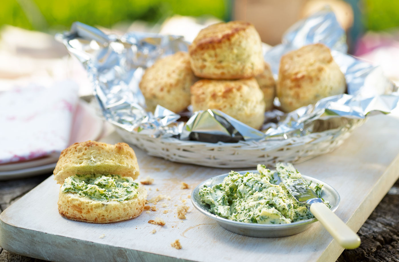Three-cheese scones with herb butter recipe