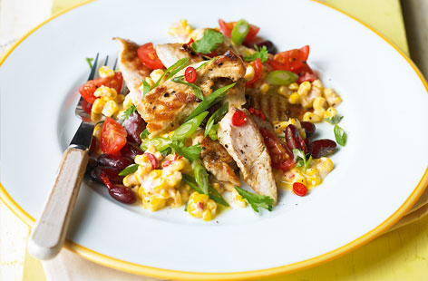 This healthy seasonal chicken and corn salad couldn't be simpler to throw together, whether for unexpected guests or to speedily prep in the morning for your lunch al desko. The protein and beans make it filling while the sour cream and chilli provide flavour.