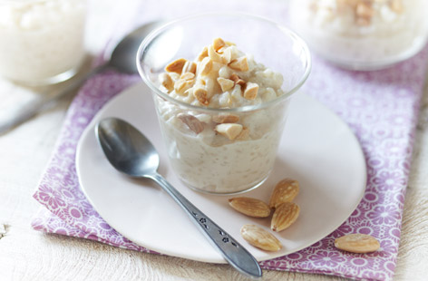 This creamy rice pudding is free from dairy and requires minimal effort: Simply mix rice, soy cream, almond milk, sugar and vanilla together, then bake. If you want to add a little texture, when ready to serve top with toasted blanched almonds for crunch.