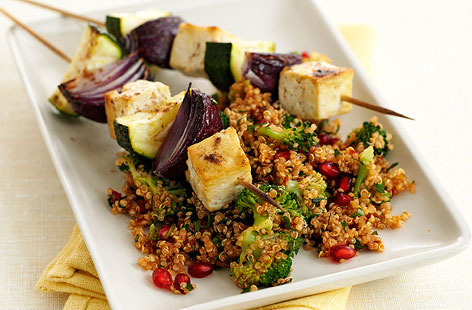 These tofu and vegetable skewers are a great vegan barbecue option. And if you're looking for a healthier alternative to the ubiquitous potato salad, the accompanying quinoa, harissa and broccoli is mouthwateringly good.