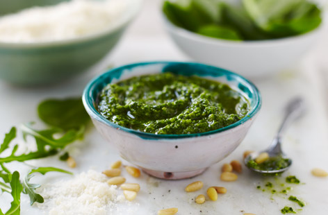 Peppery rocket and tasty young spinach make a delicious fresh pesto to stir into pasta: Simply blend with olive oil, lemon juice, garlic, parmesan and pinenuts and season to taste. Toast the pinenuts for extra flavour but keep a close eye on them in the pan.