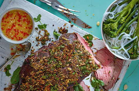 This Vietnamese-inspired roast beef recipe is singing with flavour. The meat is first marinated in fish sauce and garlic before being coated in a punchy coriander and lemongrass rub and roasted until tender
