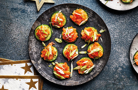 These vibrant smoked salmon canapés are so easy to make – spice salmon with wasabi and soy sauce, load onto cooling cucumber slices and top with a little zing of spring onion