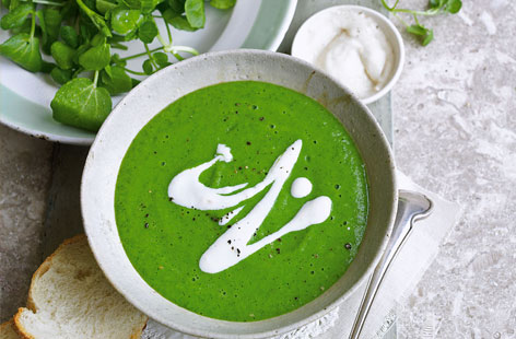 Blitz together this fresh pea and watercress soup for a colourful spring lunch. With a drizzle of fiery horseradish cream and plenty of crusty bread, this simple soup is ready in just 15 mins.