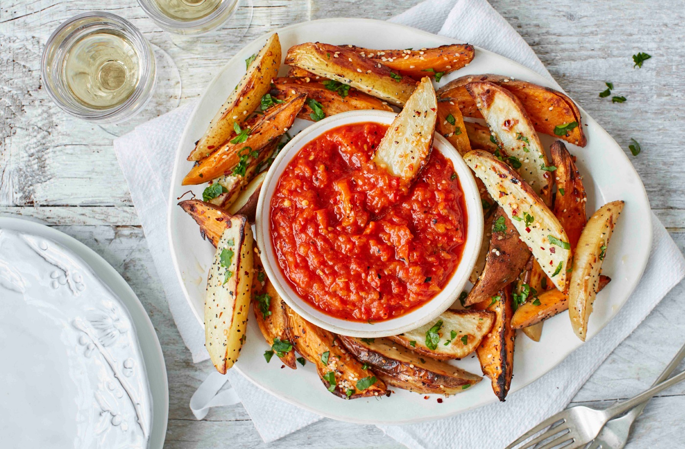 Chilli and poppy seeded potato chips with smoky red pepper dip recipe