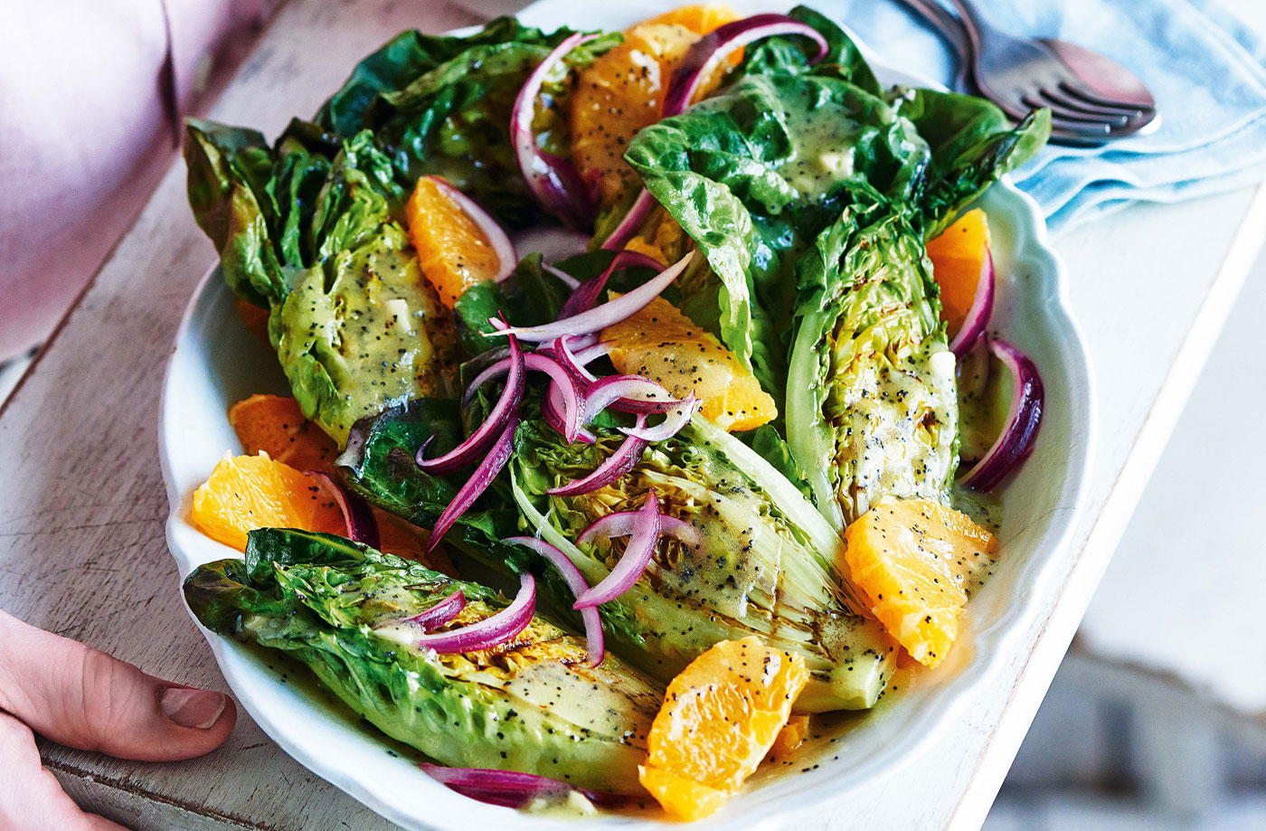 Charred baby gem and orange salad with mustard and poppy seed dressing recipe