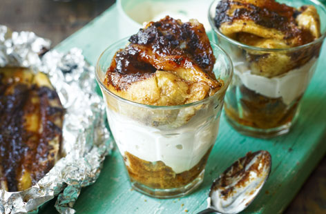 Bake bananas on the barbecue to create an indulgent chocolate and fudge topping for these banoffee trifles