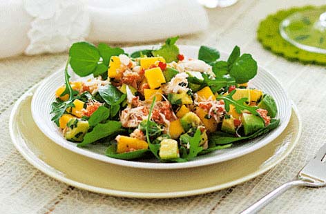 Sunshine on a plate and full of amazing flavours: crab, mango and avocado marry perfectly with mint, lime and red chilli for a Mexican-style meal. What's more, it only takes 15 minutes to prepare and is a healthy choice to boot.