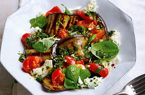 A rich and zingy Mediterranean-style salad, which is perfect as a starter or for a weekend lunch with friends. The aubergine provides an update to the classic Italian Caprese. A quick and easy dish with summer written all over it.