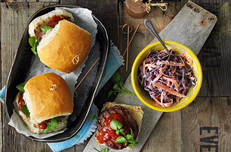 Just a glimmer of sunshine is all the excuse you'll need to fire up the grill for these delicious burgers with horseradish slaw and watercress