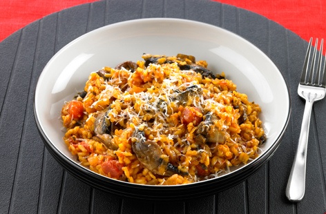 Tomato and basil sauce is used to simplify a classic risotto recipe