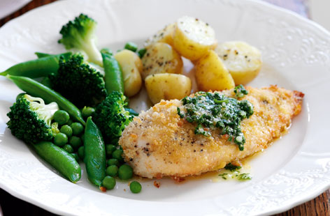 A homemade chicken Kiev, ready in moments. Simply tender chicken breasts, coated in breadcrumbs and a garlic and herb butter. Serve with buttery new potatoes and any other sweet spring vegetables of your choosing.