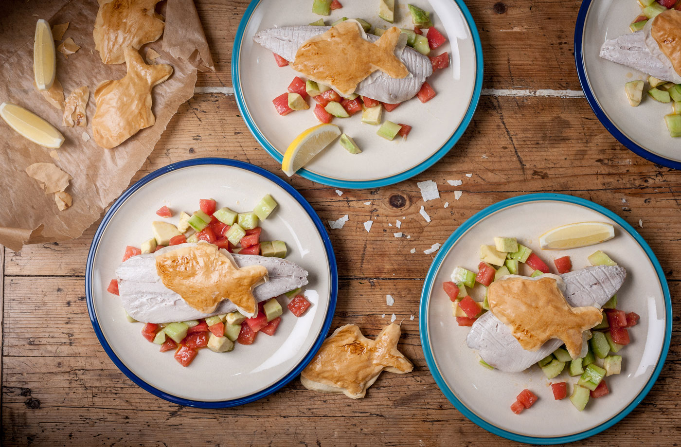 William Drabble's baked mackerel with salsa and fishy crisps recipe