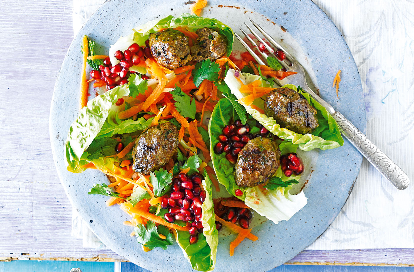Lamb kofte and pomegranate salad with garlic yogurt recipe