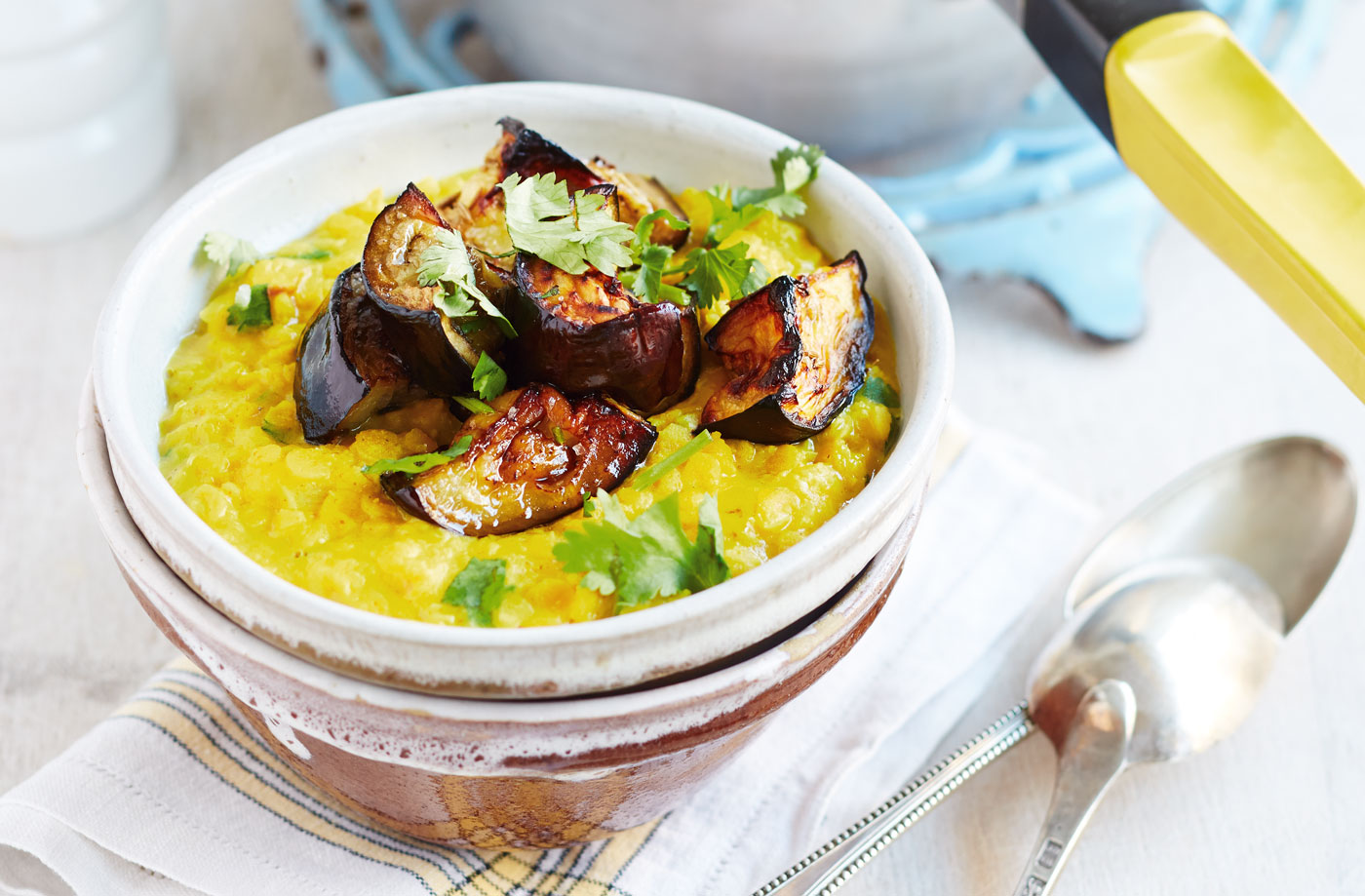 Coconut dhal with roasted aubergines recipe