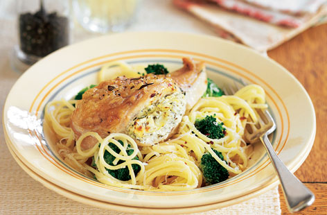 If the family wants pasta and chicken tonight, help is at hand this filling and satisfying recipe: Tender baked chicken, stuffed with cream cheese, garlic, and herbs, on a bed of perfectly cooked pasta and brocolli.