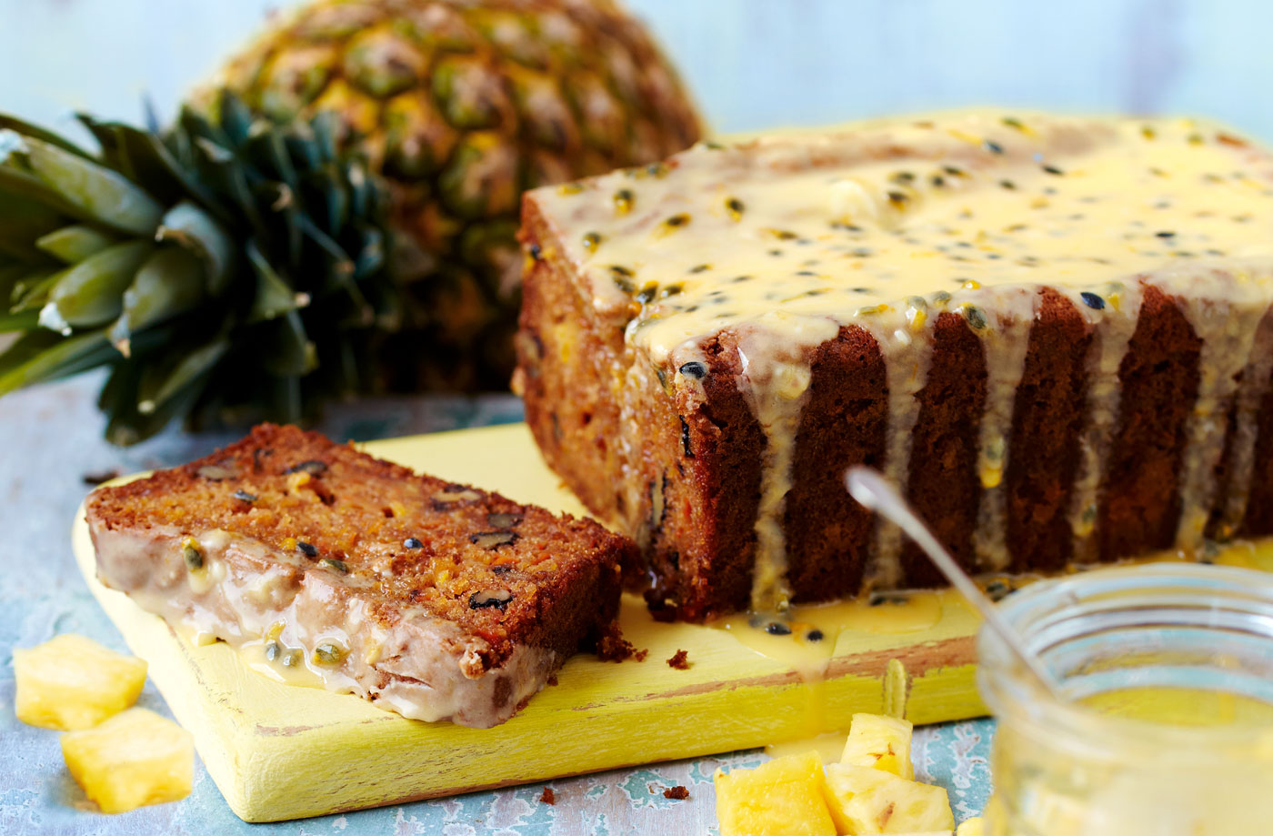 Pineapple and carrot loaf with passion fruit drizzle recipe